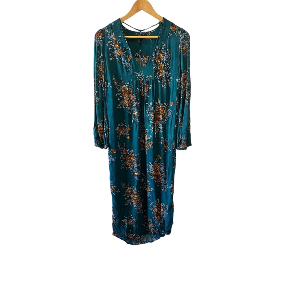 FOREVER 21 Teal Floral Print Long Sleeve Long Fit Maxi Dress M
